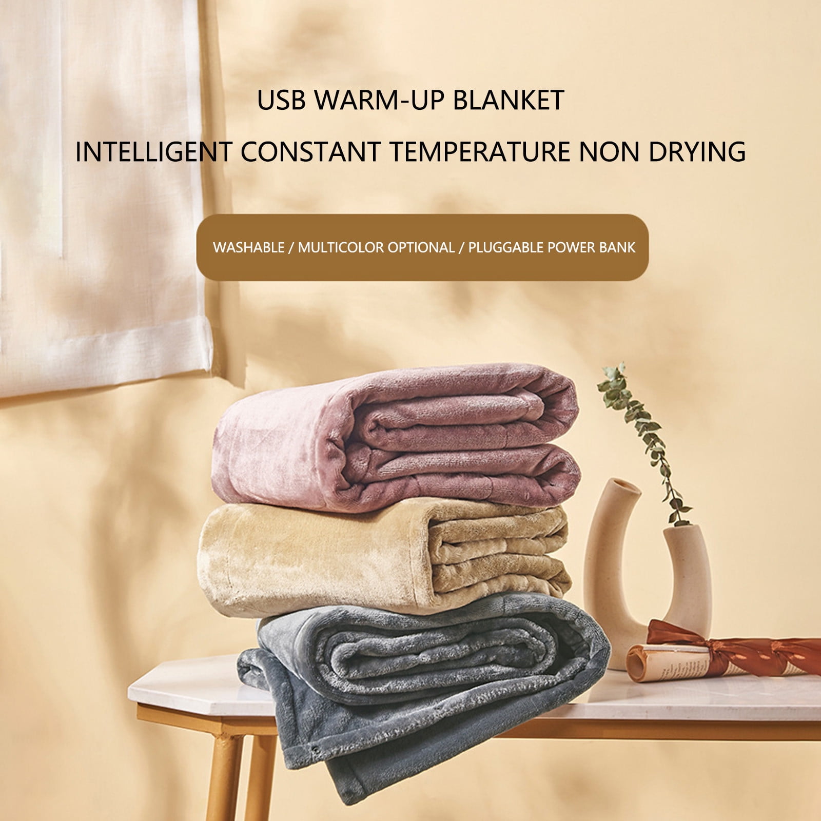 Uxgjfwu USB Rechargeable Heated Blanket, Washable Electric Heated Throw Blanket with 3 Heating Levels, Portable Battery Powered Camping Blanket for Winter Travel Office Home