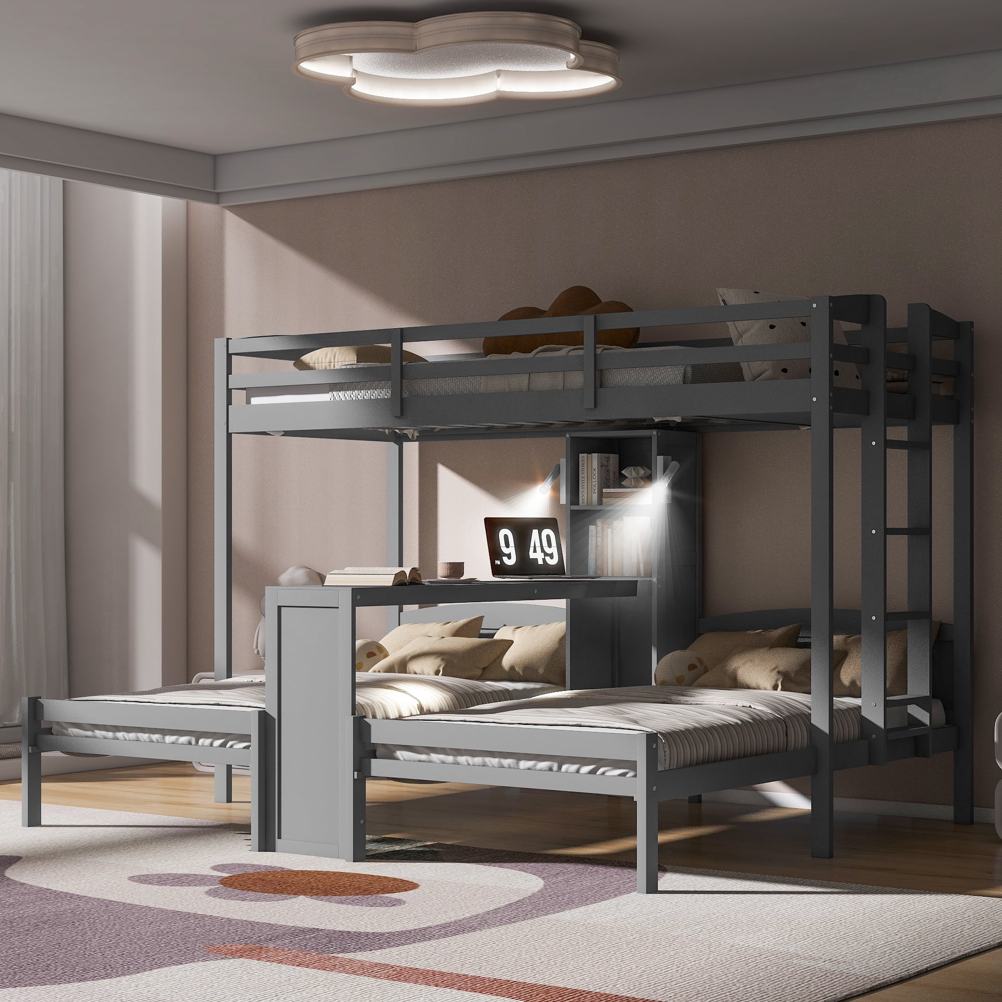 Mintazer Twin over Twin over Twin Bunk Bed with Desk, Bunk Bed with Reading Lamp and Storage Shelves, Gray