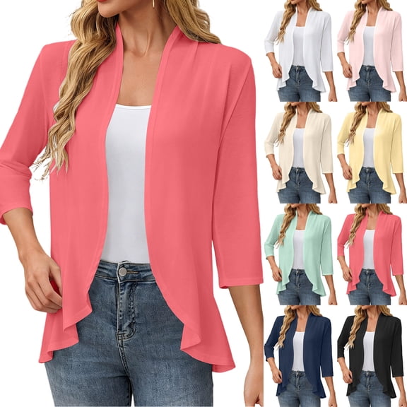 Lcziwo Women 3/4 Sleeve Cardigans Cotton Open Front Solid Kimonos Ruffled Hem Lightweight Casual Cover Ups White,M