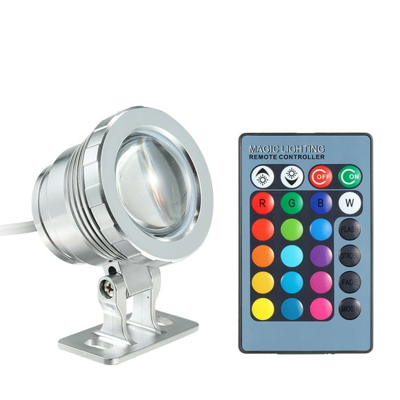 AC/DC 12V 10W RGB LED Underwater Light Submersible Lamp with Remote Control 16 Colors Changing Flash/ Strobe/ Fade/ Smooth 4 Lighting Effects IP68 Water Proof Design for Pool Aquarium Pond Spray Fount