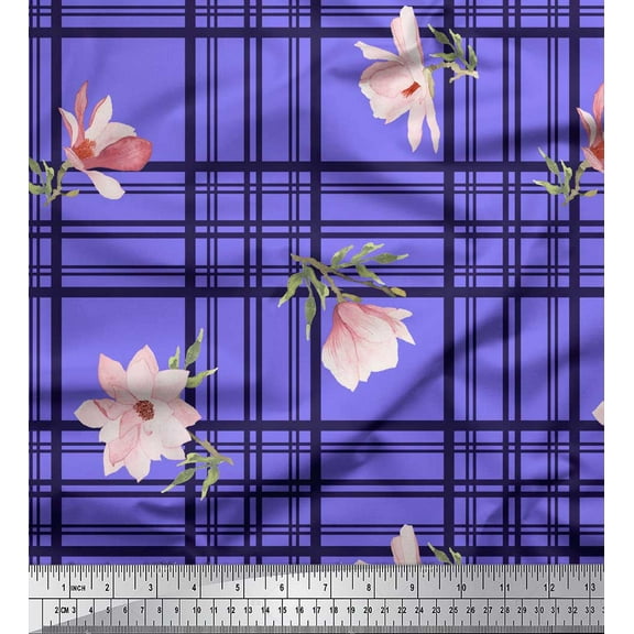 Soimoi Purple Cotton Duck Fabric Check & Magnolia Floral Print Fabric by the Yard 42 Inch Wide