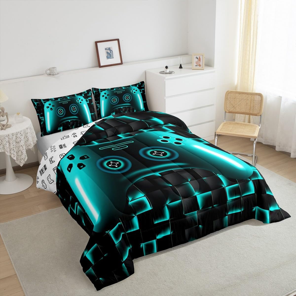 Erosebridal Gaming Twin Size Bedding Set Gamer Comforter Sets For Teen Game Controller Bedroom Decor,Neon Teal Glowing Geometric Grid Bedding,Black Abstract Check Square Comforter