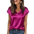 thumbnail image 2 of Women Silk Satin Cap Short Sleeve Blouse Tops V Neck Shirts Business Casual Tshirts Hot Pink 2XL, 2 of 6