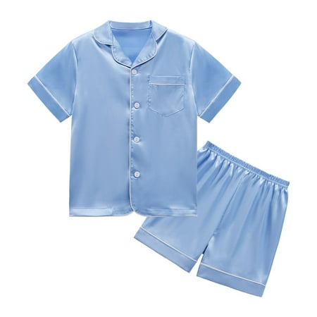 

Zyhtleerr Boys Girls Pajamas Outfit for Kids Toddler Silk Short Sleeves Sleepwear Top and Pants Girls Solid Color Loungewear Set 4-14 Years
