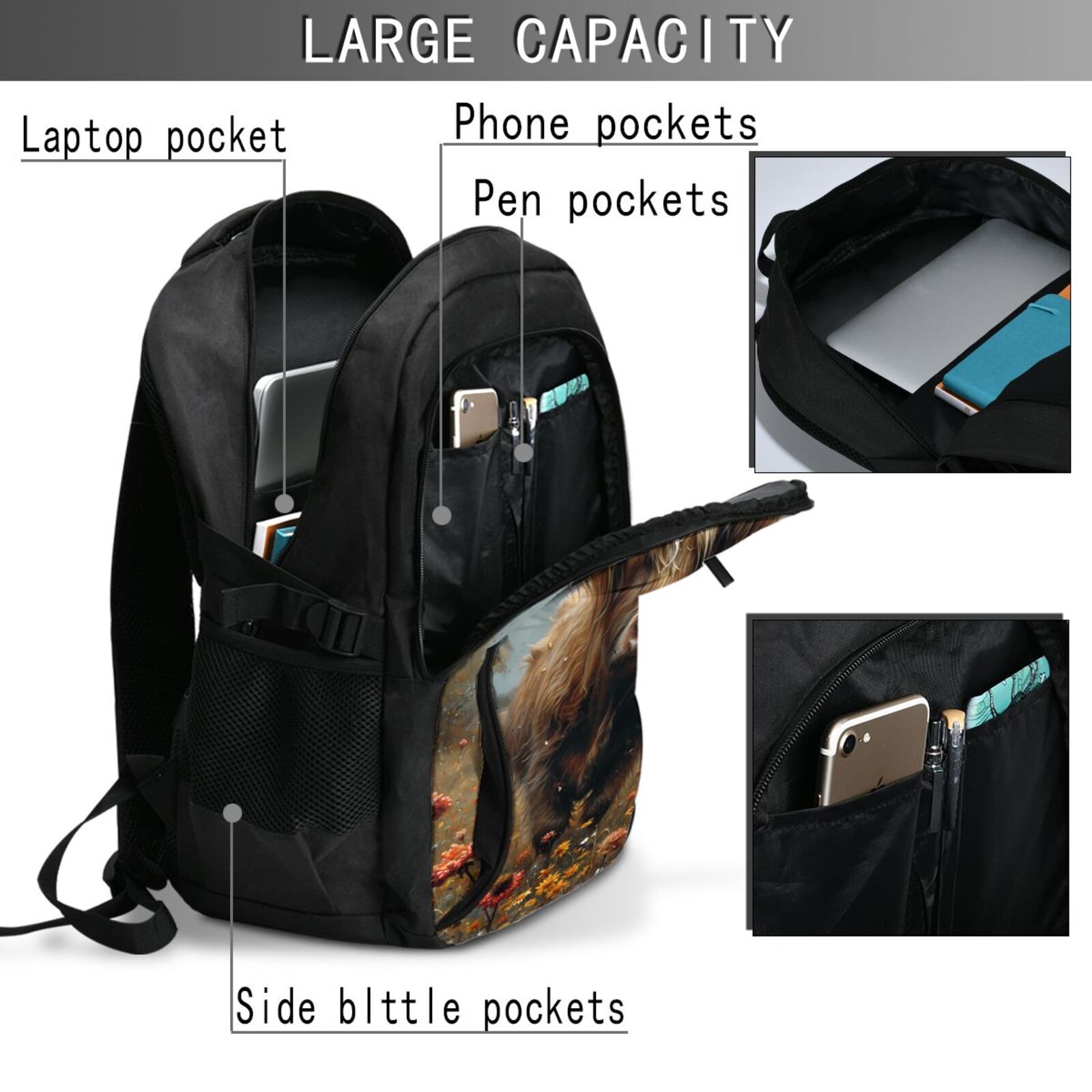 Vsdgher Grassland Sunflower Cow Print Travel Laptop Backpack, Laptops Backpack with USB Charging Port, Water Resistant Computer Bag Gift for Men & Women