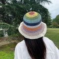 thumbnail image 4 of 56-58cm head circumference rainbow straw hat female summer sunscreen sunshade beach fisherman hat striped face covering hat, 4 of 5