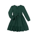 thumbnail image 3 of Usaibhir Girls Long Sleeve Dresses Kids A Line Pleated Wrap Belt Crew Neck Flowy Holiday Midi Dress 5-14T, 3 of 11
