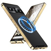 Dteck Magnetic Case for Google Pixle 7 Pro with Camera Lens Protector, Ultra Slim Frosted PC Back Metal Frame Bumper Military Grade Protection Case with Buckle for Google Pixel 7 Pro, Gold