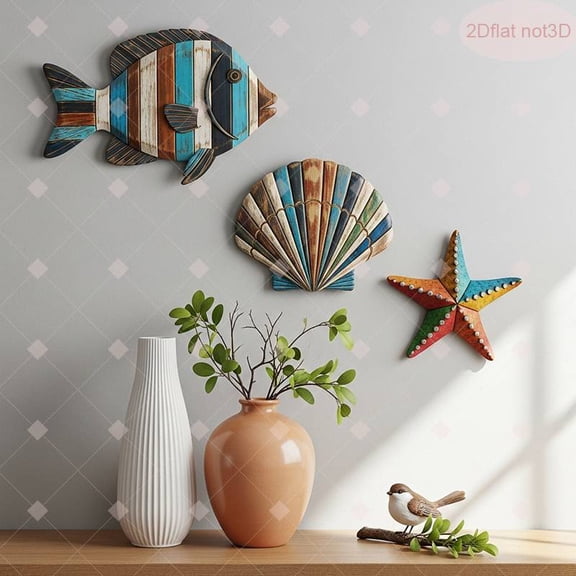 American coastal style 3-piece wooden wall decor set sea fish, shells, and starfish for Home Bathroom Ocean Decor