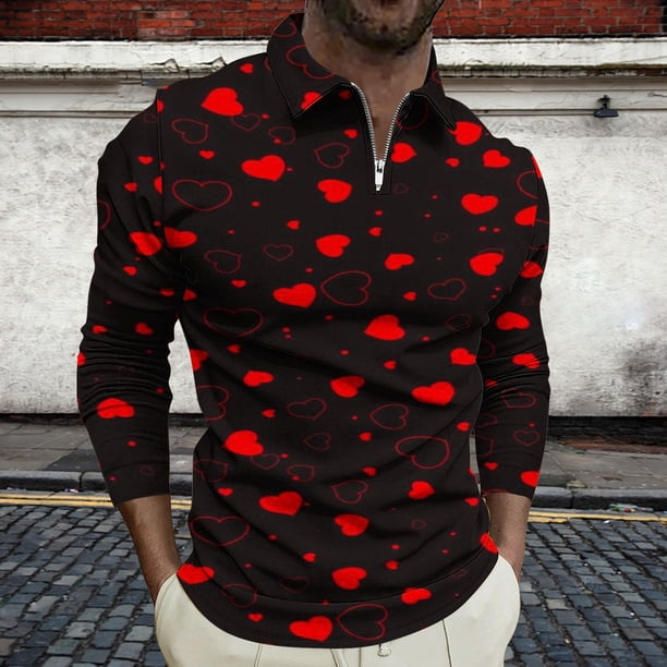 Blusa y camisa de manga larga con cuello vuelto para hombre, jersey de solapa con cremallera de manga larga, blusa informal con estampado de San Valentín para hombre, blusa de poliéster