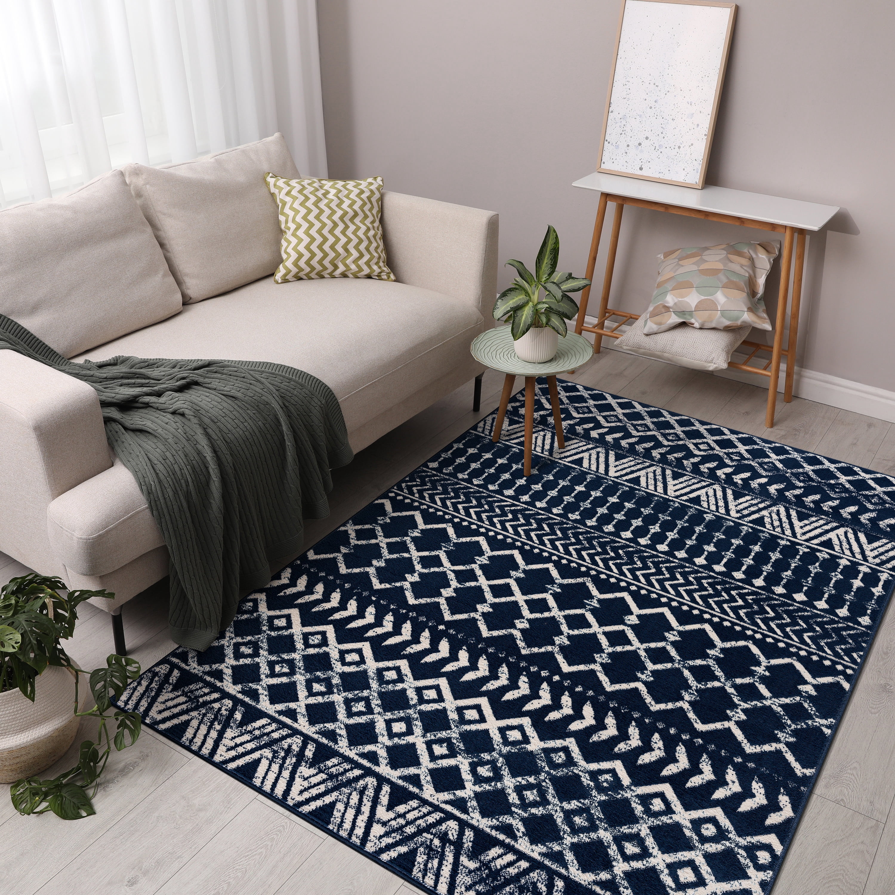 CAMILSON Crystal Navy Blue Area Rug 5'x7' Oval Boho for Living Room Bedroom Dining Room Navy Blue / Cream Indoor Area Rugs