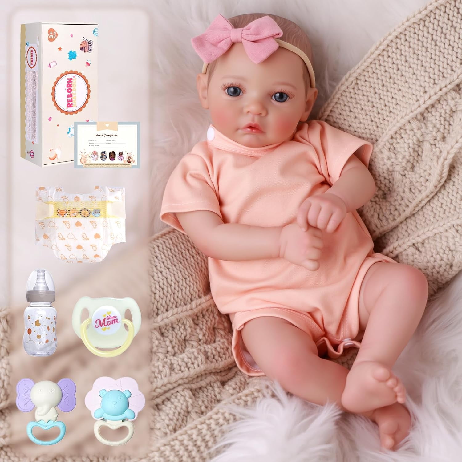 RSG 20 Inch Lifelike Reborn Baby Dolls Soft Cloth Body Handmade Real Life Dolls with Clothes Accessories for Kids Age 3+