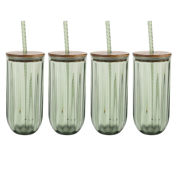 Better Homes & Gardens Fluted 21-Ounce Tritan Plastic Sipper with Acacia Wood Lid, Green