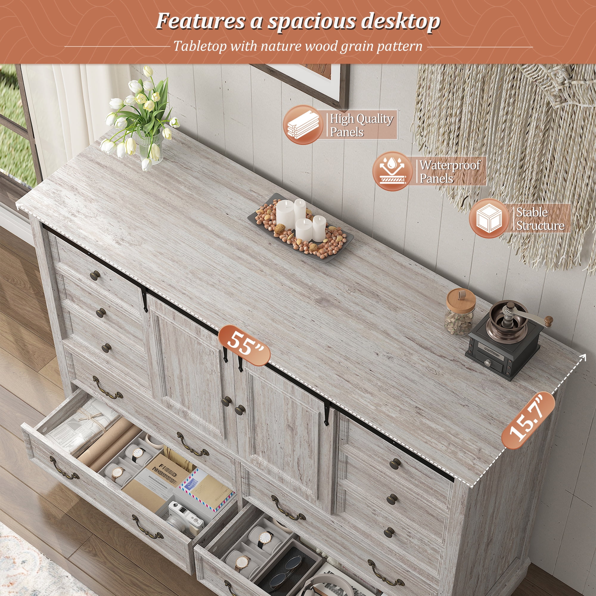10 Drawers Dresser for Bedroom,Farmhouse Wood Dresser with Smoothly Sliding Barn Doors,Chest of Drawers 55" Wide TV Stands for Living Room,Hallway,Entryway ,Light Rustic Oak