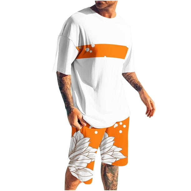 Mangas de Mano para Hombres, Impresión Hawaiana Suelta Casual, Pantalones Cortos Deportivos de Cintura Elástica Y Set de Blusa