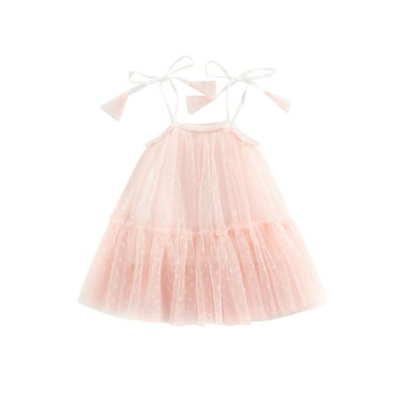 

EYIIYE Toddler Infant Baby Girl Summer Sleeveless Strap Dots Print Mesh Fluffy Layered Princess Dress 0-3 Years