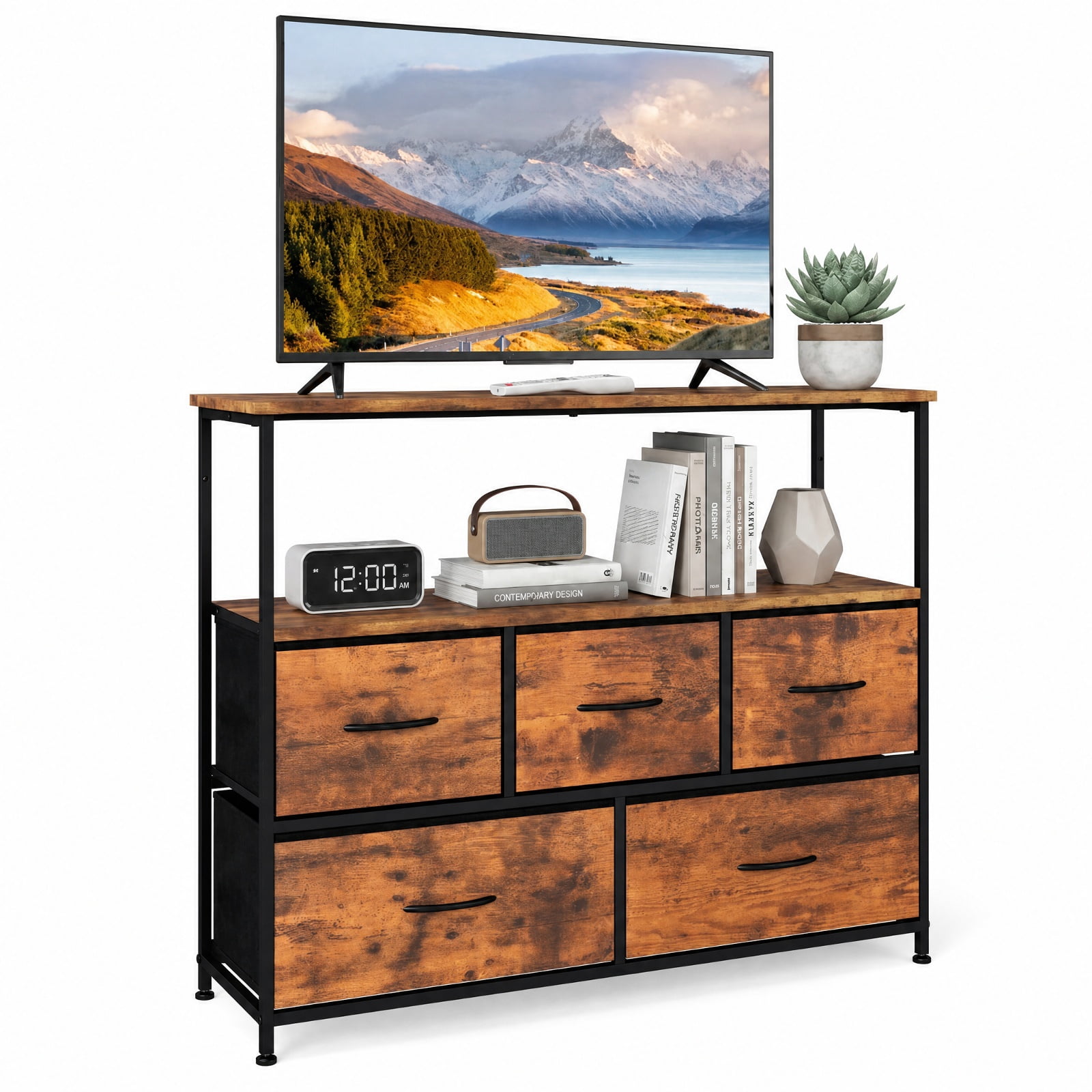 Furnibear TV Stand Dresser Entertainment Center for 45 Inch TV with 5 Fabric Drawers and Open Storage Shelf for Living Room Bedroom, Brown