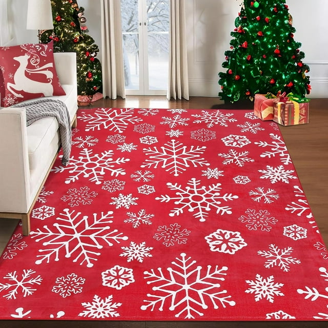 Area Rugs Washable Christmas Rug Xmas Holiday Large Area Rug Non Shedding Soft Christmas Snow Print Solid Rugs for Nursery, Red