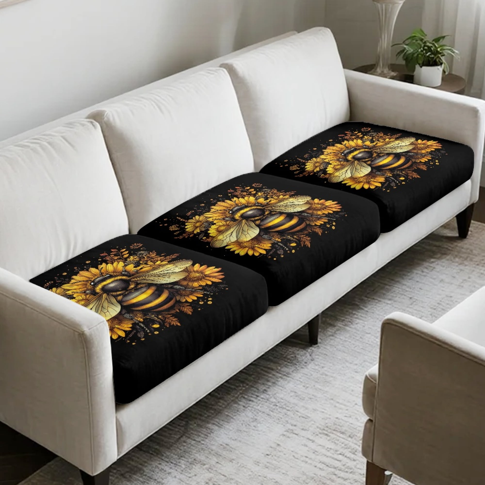 TSOVTHRID Bee Sunflower Black Print Couch Cushion Covers Washable Sofa Seat Furniture Protector Non Slip Couch Cover Decorative Cushion Slipcover Set with Elastic Bottom, 24x24 Inch