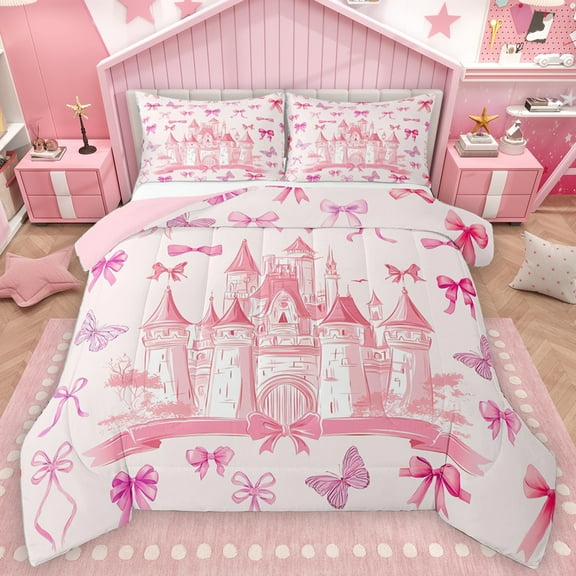 Homewish Pink Dreamy Castle Bedding Comforter Set,Cute Bowtie Ribbon Twin Comforter Sets,Fairy Tale Princess Bedding Set For Girl Teens,Luxury Bedroom Decor Reversible,2pcs
