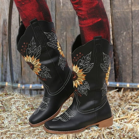 

ZMHEGW Boots For Women Ladies Leather Sunflower Embroidered Square Toe Chunky Heel Mid Boots Shoes