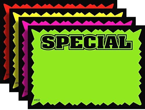100 Total Cards Multi-Pack 7 x 11 Special Rectangular Fluorescent Burst Neon Retail Sign Cards 