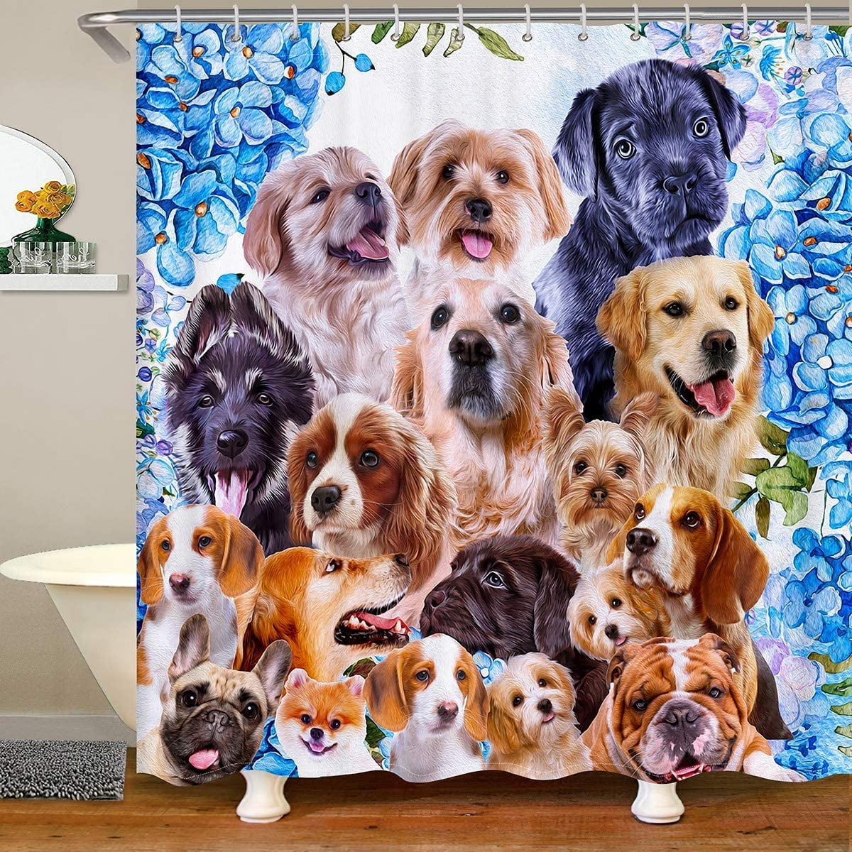 Sonernt Cute Puppy Dog Shower Curtain with Hooks Cartoon Pet Pug Dog
