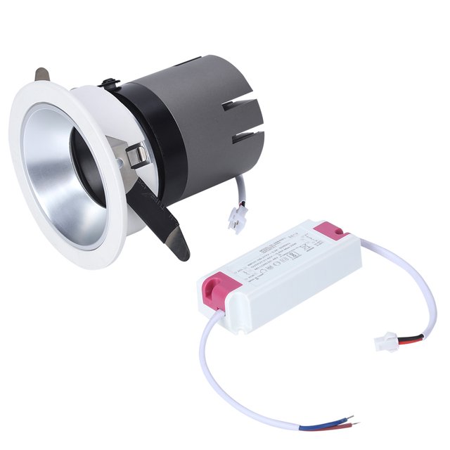 ac100-277v 20w lámpara empotrada led cálida luz de techo downlight para habitación interior, vista 3/4 del downlight cilíndrico negro con aro empotrable blanco y reflector plateado, se incluye driver blanco con conectores y cable de alimentación; clips metálicos de sujeción visibles, dimensiones aprox. 10,3 x 9 x 10,3 cm, apto para pasillos o dormitorios y a menudo usado como luz puntual en nichos decorativos.