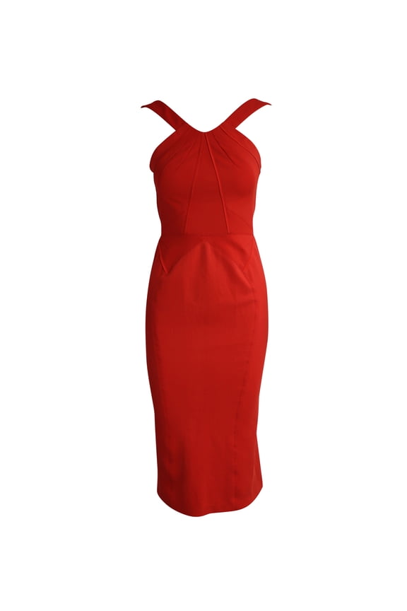 Pre-Owned Zac Posen Halter Flared Bottom Midi Dress in Red Polyester