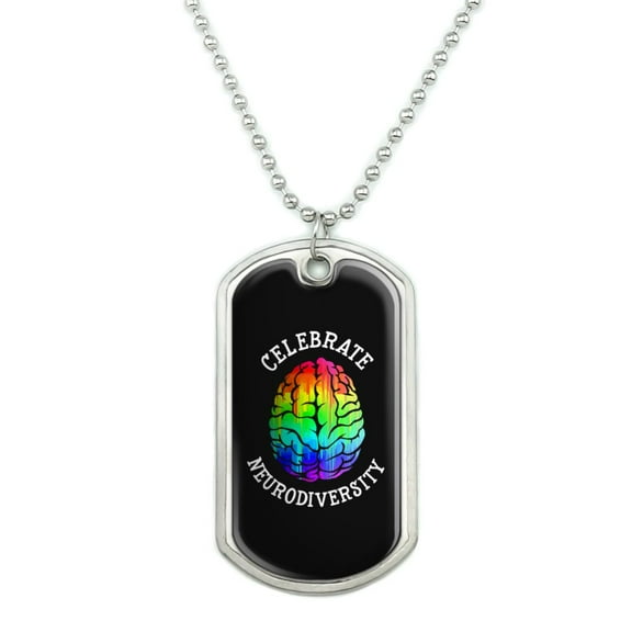 Celebrate Neurodiversity Brain Autism Rainbow Spectrum Military Dog Tag Pendant Necklace with Chain