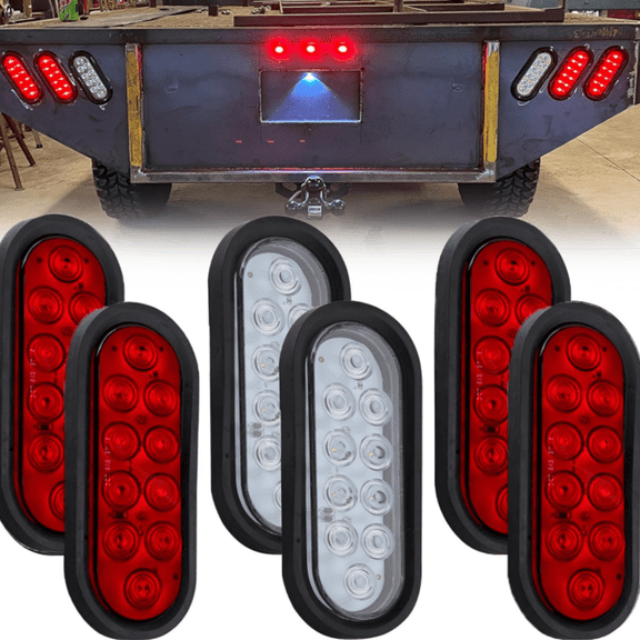 6Pcs 6 Inch Oval LED Trailer Tail Lights 10 LED, 4 Red and 2 White 6" Oval Led Stop Turn Tail Lights Brake Reverse Back Up Trailer Lights w/Flush Mount Grommets Plugs Waterproof for RV Truck Bus 12V
