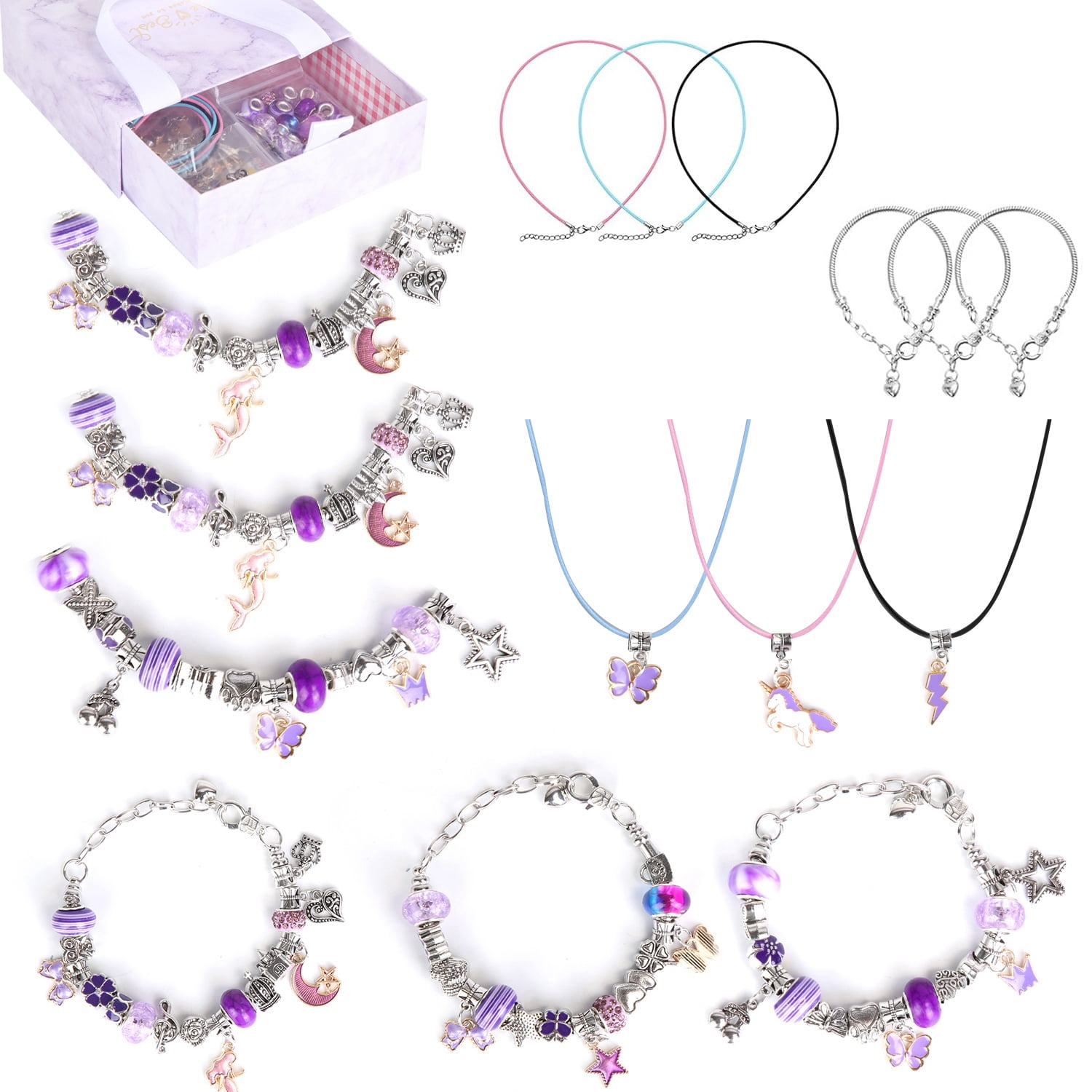 DIY Charm Bracelet Making Kit 66Pcs Jewelry Making Kit Perfect Crafts Gifts Birthday with Gift Box for Girls  5 6 7 8 9 10 11 12 Years Old Purple