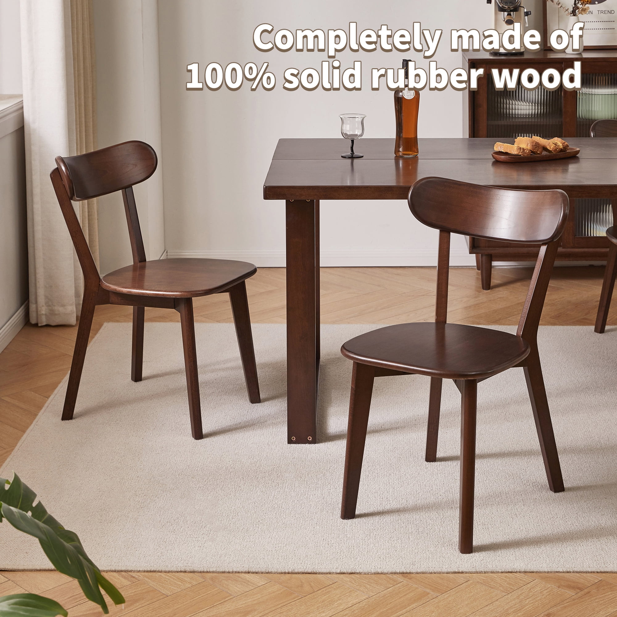 Dining Chairs Set of 2, Solid Rubberwood Kitchen Chairs with Curved Backrest, Wooden Accent Chairs for Vanity and Breakfast Nook, Dark Walnut