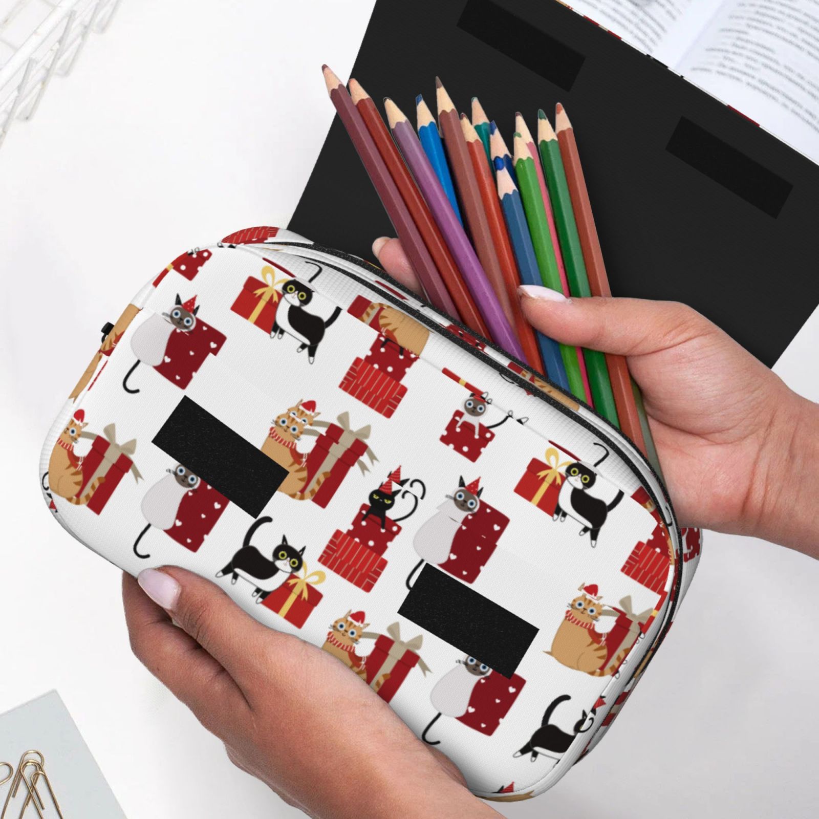 Rateoe Cute Cat And Christmas Gift Pattern Double Clamshell Pen Case, Storage Organizer with Two Zipper Compartments– Holds Up to 50 Pencils & Pens