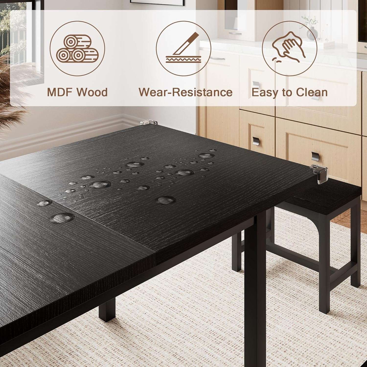 Honfach 5 Piece Dining Table Set for 4-8 People, 63" Large Extendable Kitchen Table Set with 2 Benches and 2 Square Stools, Black