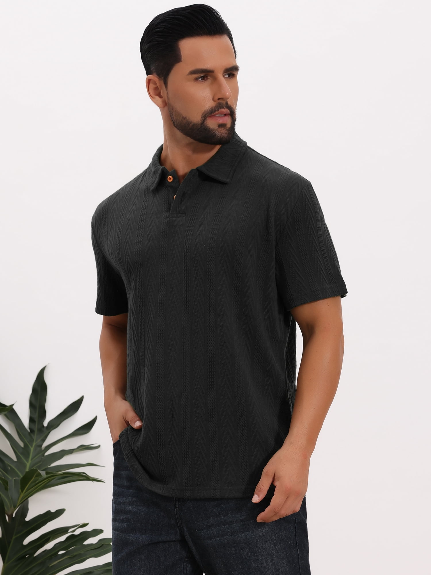 DARING DIVA Men's Jacquard Short Sleeve Button Down Collared Polo Shirts L Black