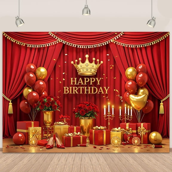 Red Stage Happy Birthday Backdrop Red Gold Balloon Gift Box Birthday Photography Background for Women Gold Crown Birthday Party Decorations Banner Photo Booth Props