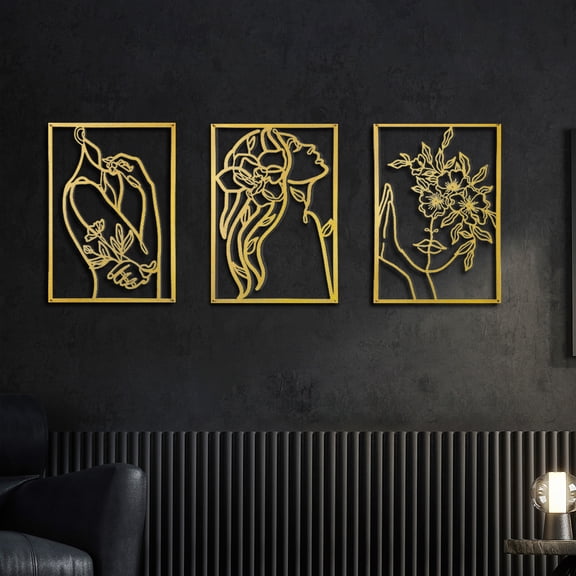 Wall Art Decor for Room Decor, 3 Pcs Metal Wall Art, Gold Wall Decor Above Bed, Minimalist Female Line Wall Hangings for Home Living Room Bedroom Bathroom