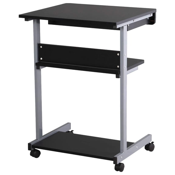 Mobile Compact Computer Desk Cart for Small Spaces, Work Writing Workstation Table with Drawers and Printer Shelf on Wheels for Home Office Classroom Library, Black
