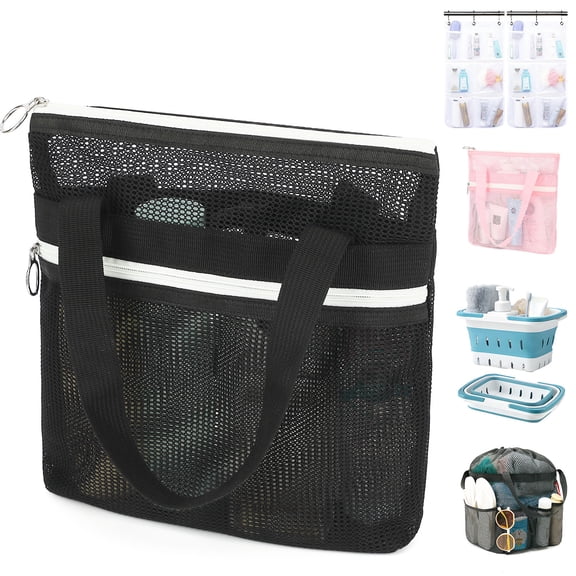 Fammart Mesh Shower Bag, Quick-Dry Shower Caddy with Zipper & 2 Pockets. Portable Toiletry Bag for Bathroom, Gym, Travel, Camp, Beach, Dorm & College Essentials (Black)