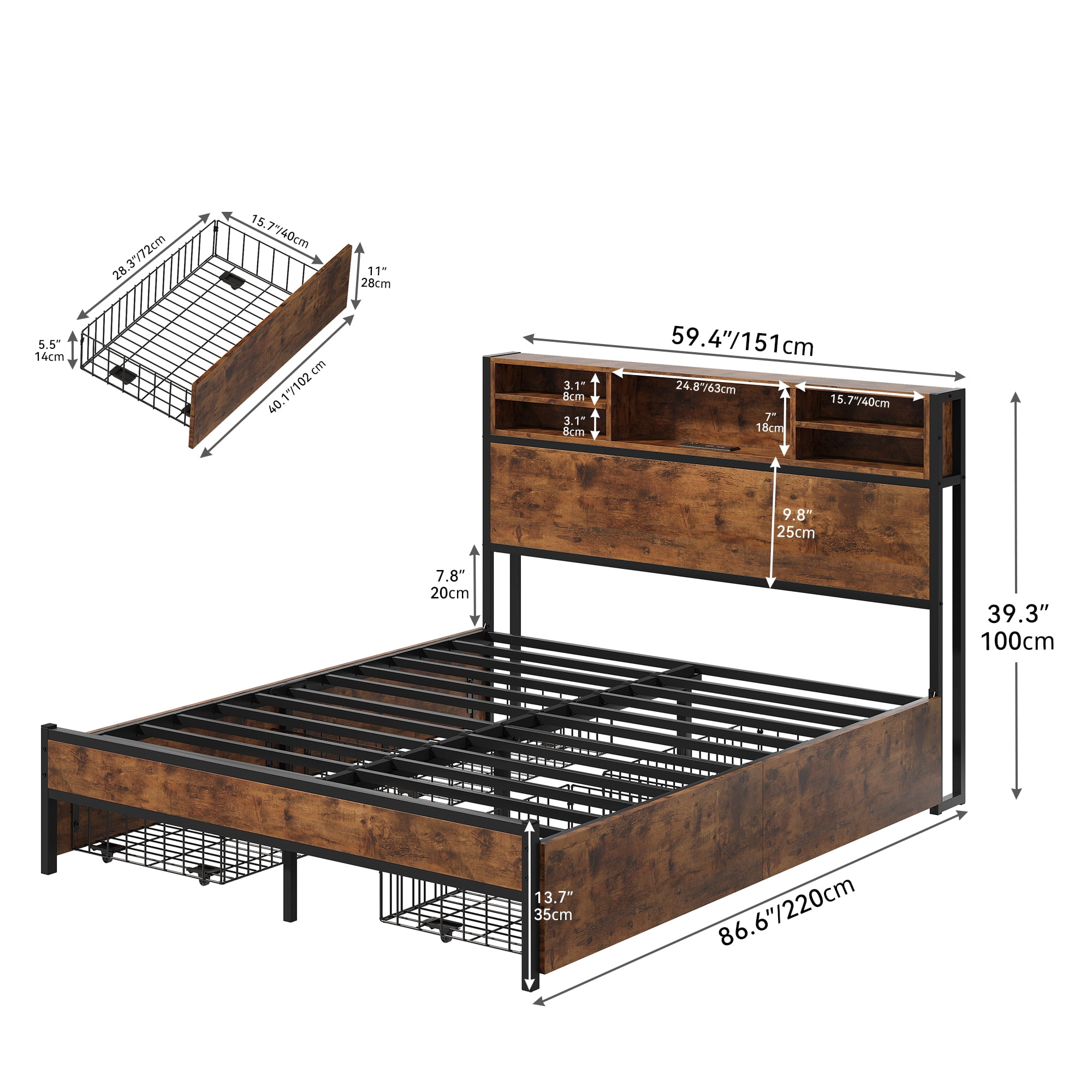 Uforic - Queen Size Bed Frame with Headboard, Metal Platform Bed with 4 Storage Drawers and Charging Station, Easy Assembly, Brown