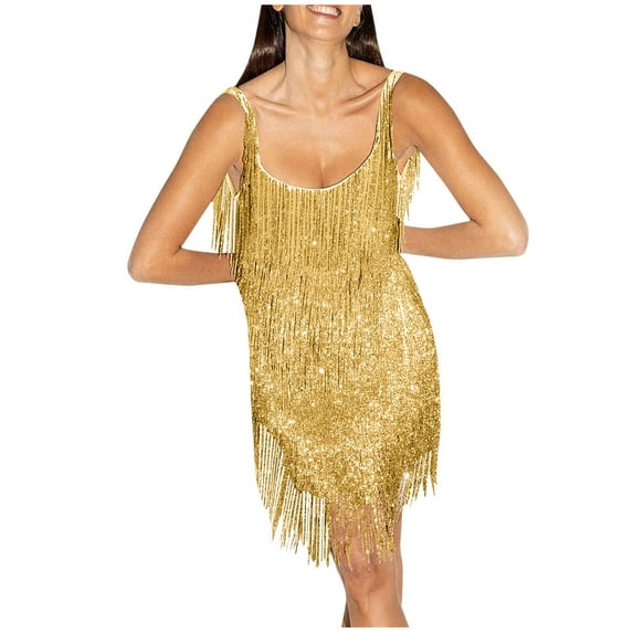 Bigersell Dresses for Women 2023 Women's Sleeveless Softs Tassels Retro Dress Party Dress for Female Regular Sun Dress Dresses, Style 25874, Gold M