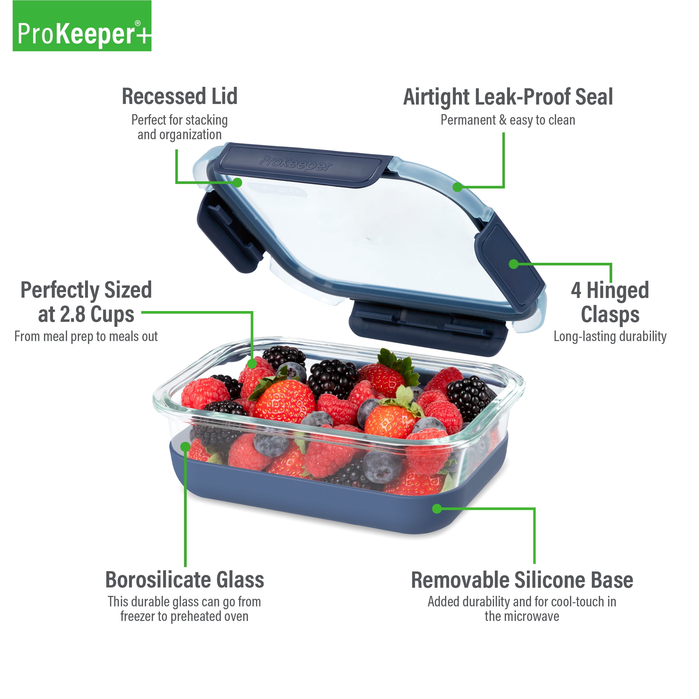 (2 pack) Prokeeper+ 2.8 Cup Glass Food Storage Container with Silicone Base, Well Suited to Refrigerator Organization