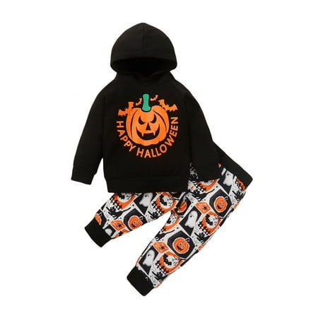 

Toddler Baby Boy Girl Halloween Outfit Infant Pumpkin Ghost Print Long Sleeve Hooded Top Joggers Pants Fall Winter Clothes