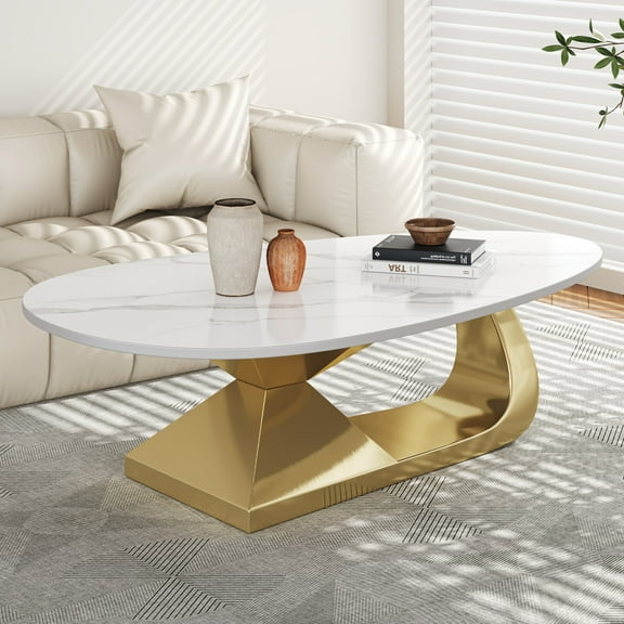 Miekor Furniture Modern Sintered Stone Tabletop Coffee Table with Stainless Steel Base - Elegant and Durable Living Room Centerpiece 04058