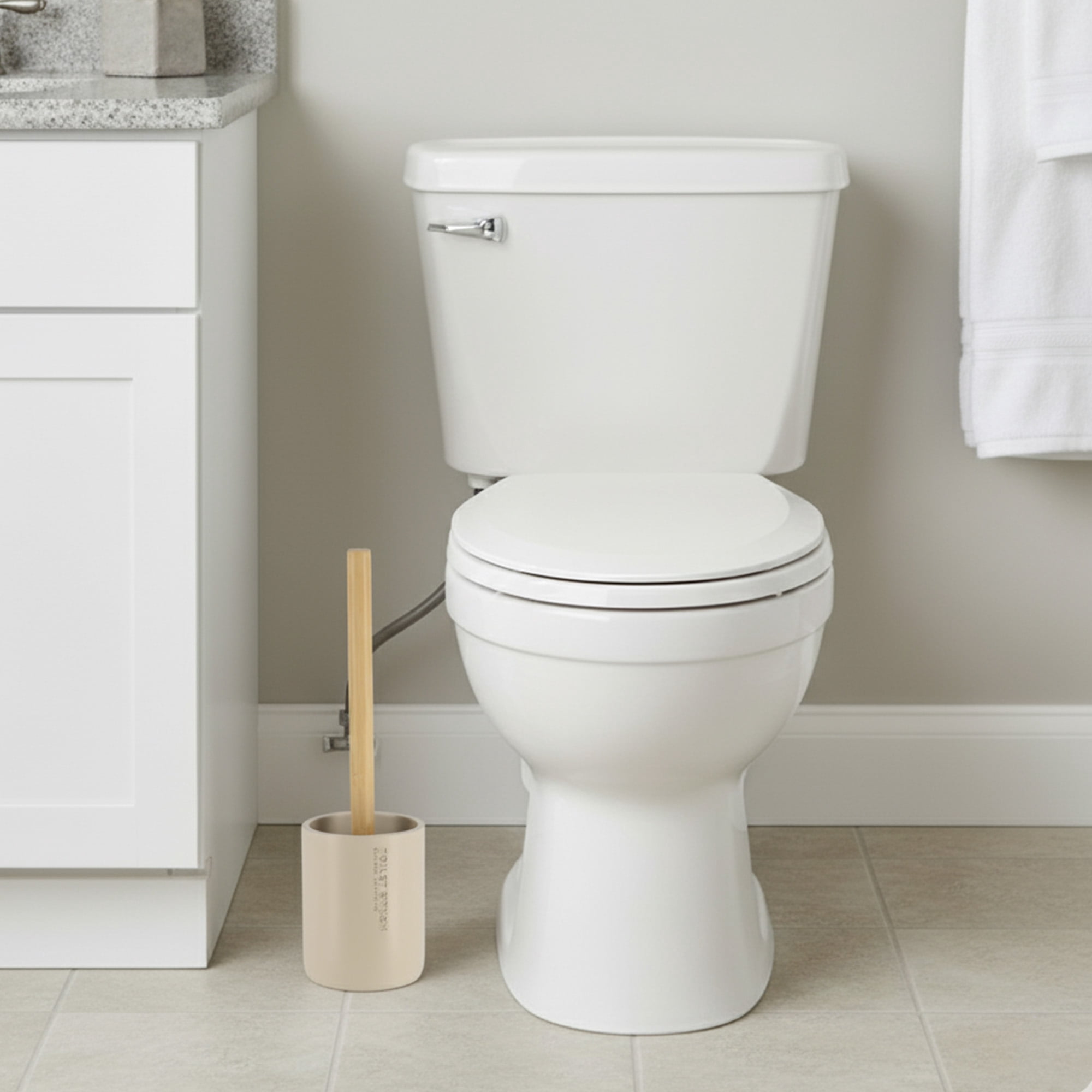 Stylish Matte Beige Toilet Brush and Holder Set with Natural Bamboo Handle - Polyresin Bathroom Cleaning Solution