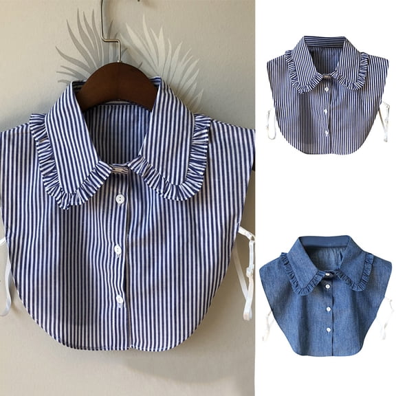 LSQii Fake Collar Detachable Dickey Collar Half Shirts for Women Elegant Casual Striped Ruffled Faux False Inserts Blouses Outfits Fashion Accessory Blue