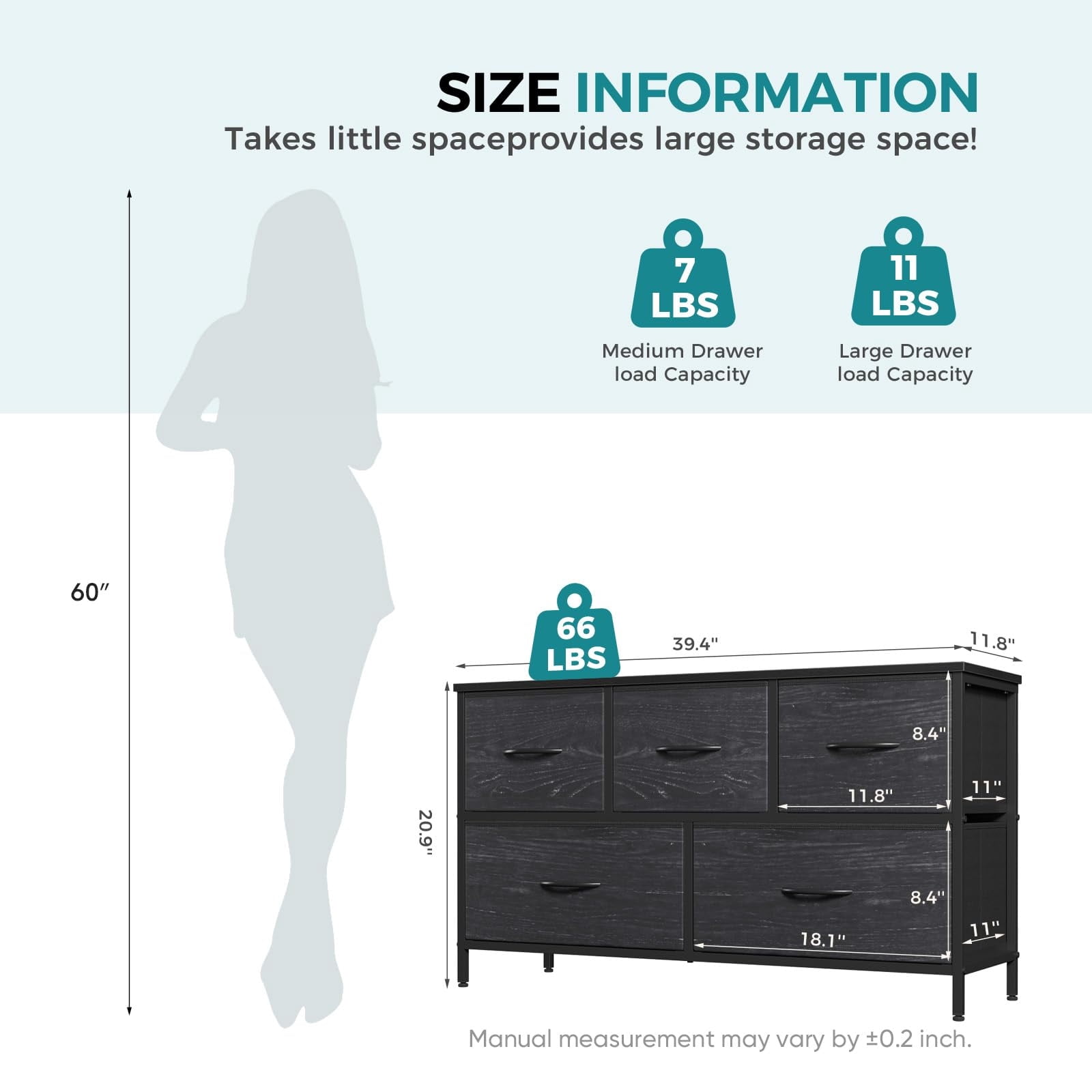 Telyra 5-Drawer Fabric Dresser TV Stand Organizer with Wood Top and Metal Frame, Black Wood Grain