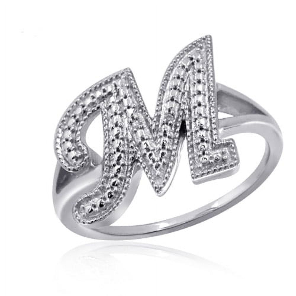 JewelersClub Accent White Diamond Initial Letter Ring for Women | Customizable Sterling Silver M Alphabet Monogram Ring for Girls | Cursive Script Capital Letters | Personalized Jewelry Gift for Her