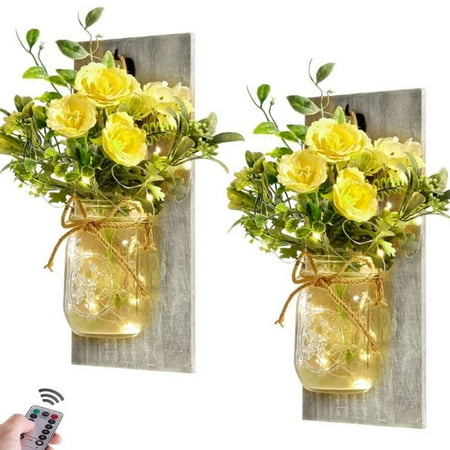 

GOXIXI Retro wooden mason jar wall lamp artificial flower peony rose flower with remote control EHousehold ImitationRetro Wood Mason Jar Wall Lamp Simulation Flower Peony Rose Send Remote Control
